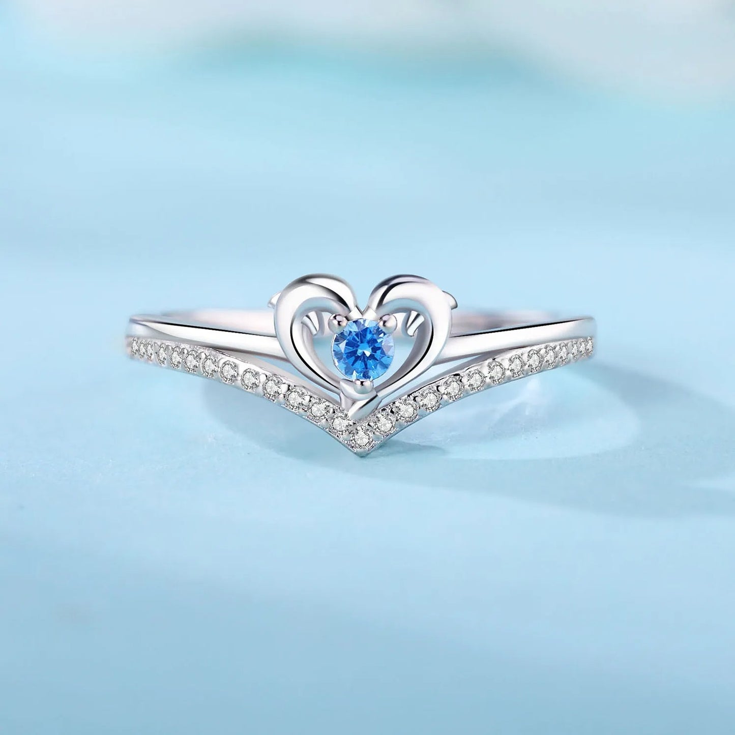 Heart Dolphin Blue Zircon Opening Ring